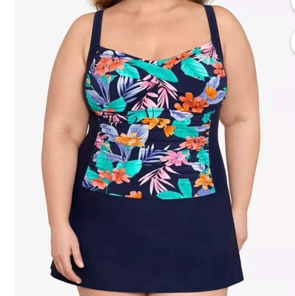 Swim Solutions Women's Navy Multi Tummy-Control Skater Swimdress Size 24W NWT